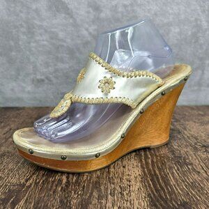 Jack Rogers Marbella Wood Wedges 10 Metallic Gold Leather Whipstitch Studs Beach